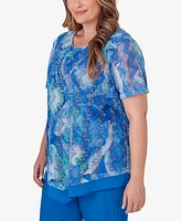 Alfred Dunner Plus Size Neptune Beach Tie Dye Textured Top with Necklace