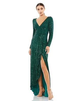 Mac Duggal Women's Ieena Sequined Faux Wrap Long Sleeve Gown