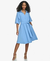 Calvin Klein Women's Split-Neck Puff-Sleeve A-Line Dress