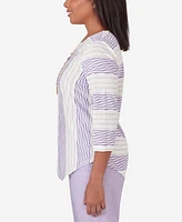 Alfred Dunner Petite Garden Party Spliced Stripe Texture Necklace Top