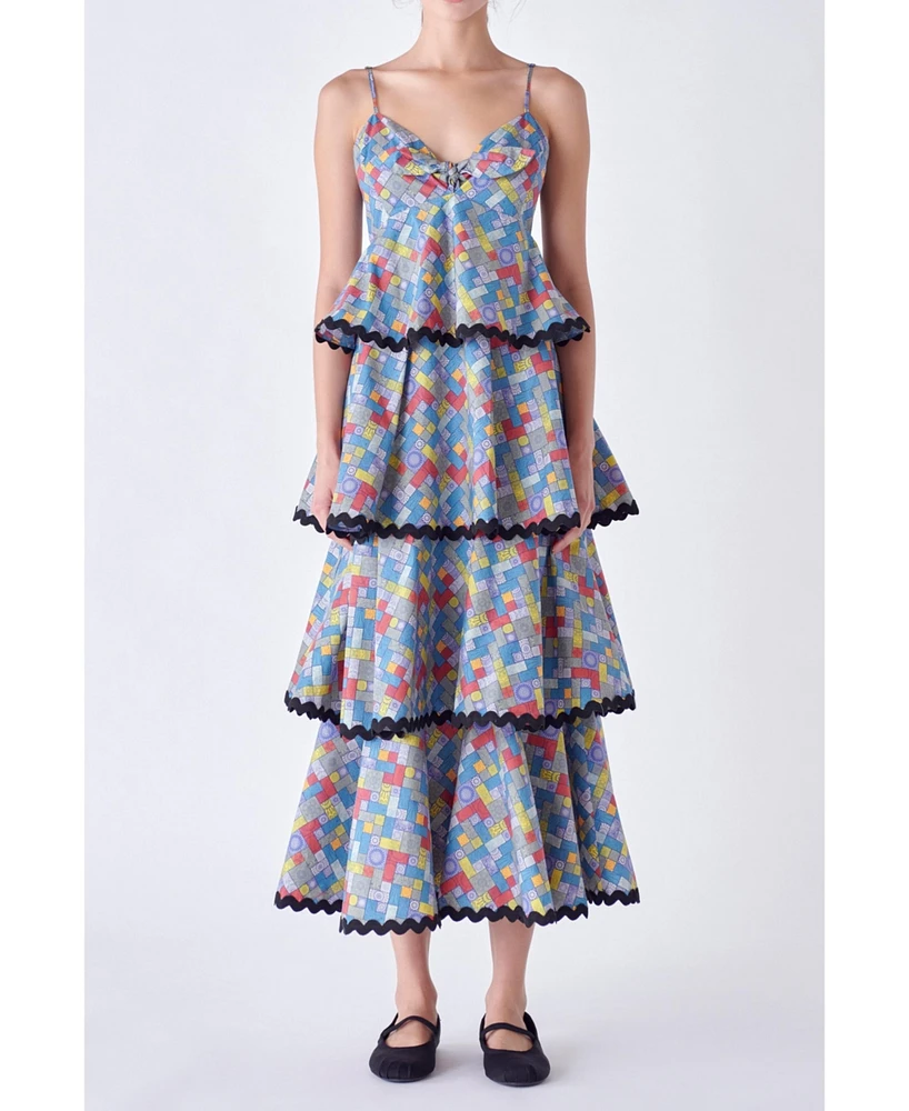 Women's Grid Print Tiered Maxi Dress with Ric Rac Trim