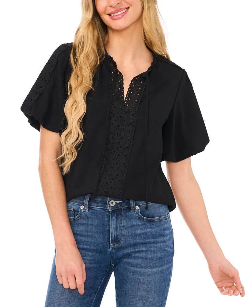 CeCe Women's Eyelet-Trim Split-Neck Puff-Sleeve Blouse