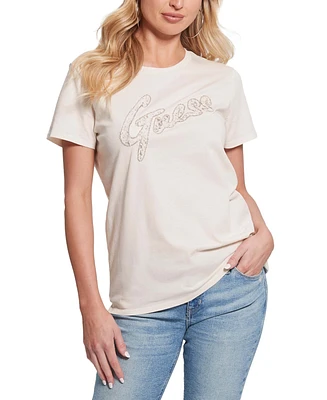 Guess Women's Cotton Lace-Logo Short-Sleeve Easy T-Shirt