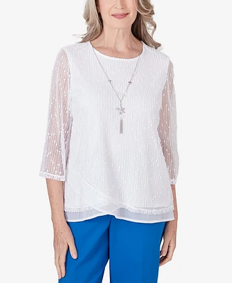 Alfred Dunner Women's Neptune Beach Popcorn Mesh Top with Necklace