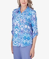 Alfred Dunner Women's Summer Breeze Zig Zag Button Down Blouse