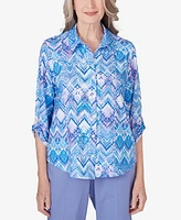 Alfred Dunner Women's Summer Breeze Zig Zag Button Down Blouse