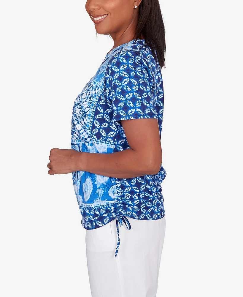 Alfred Dunner Petite Blue Bayou Women's Patchwork Ikat Ruched T-Shirt