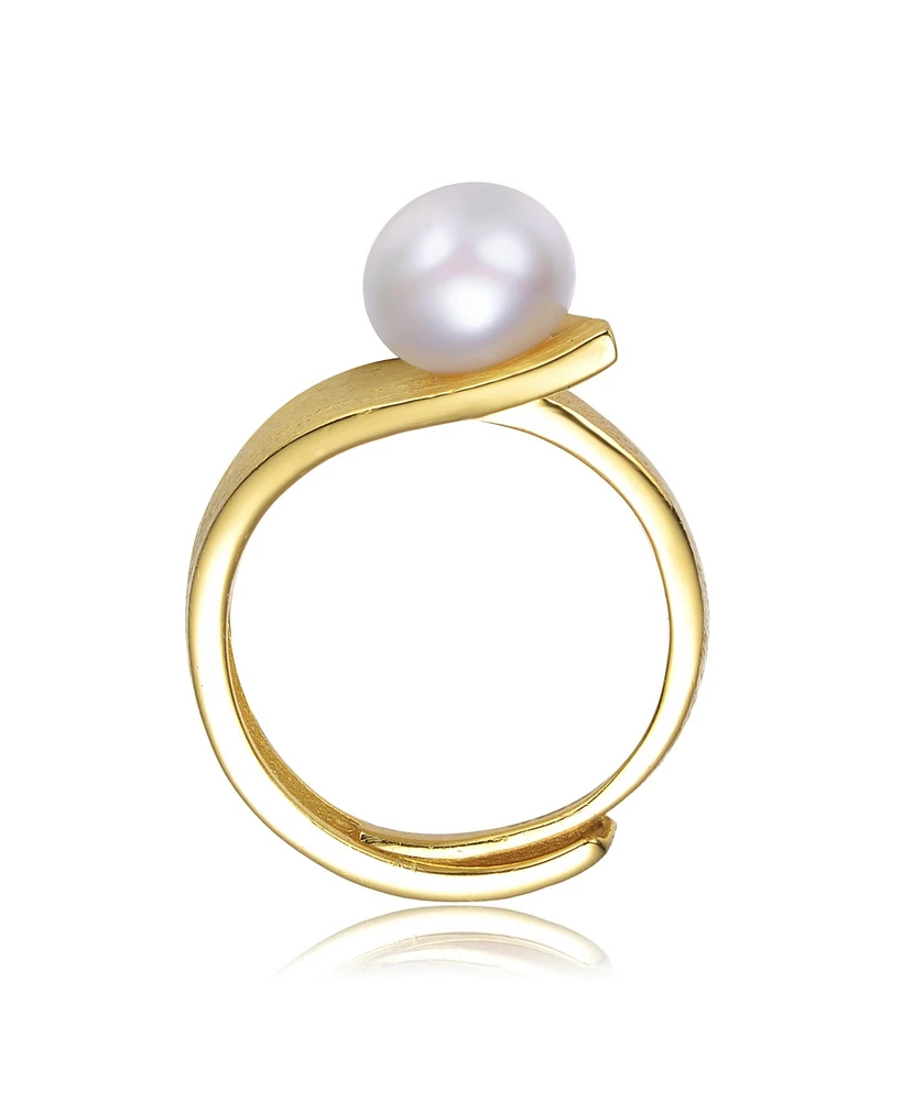Sterling Silver 14K Gold Plated with Genuine Freshwater Pearl Linear Adjustable Ring