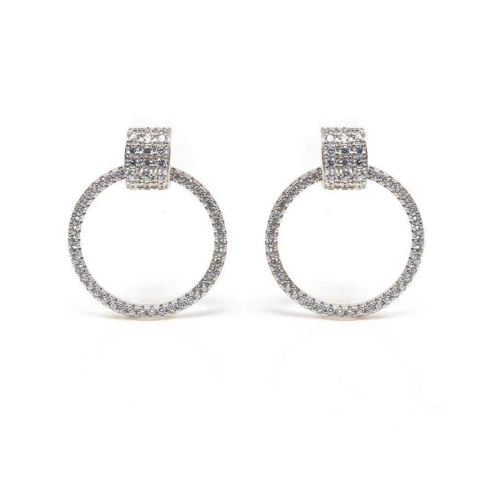 Suzy Levian New York Suzy Levian Sterling Silver Cubic Zirconia Pave Modern Open Circle Drop Hoop Earrings