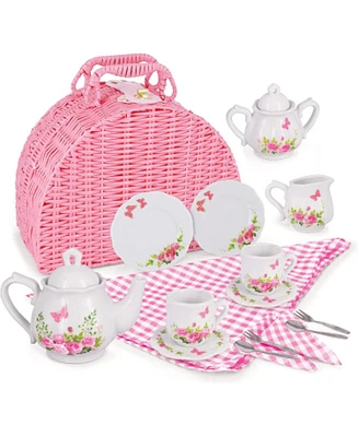 Porcelain Tea Set with Picnic Basket and Floral Design