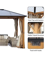 Aoodor 12ftx9.7ftx8.3ft. Wooden Finish Coated Aluminum Frame Gazebo with Polycarbonate Roof, Outdoor Gazebos with Curtains and Nettings, for Patio Bac