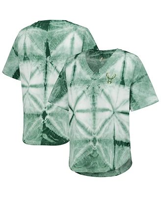 Women's G-iii 4Her by Carl Banks Hunter Green Milwaukee Bucks Tournament Raglan Oversized Tie-Dye V-Neck T-shirt