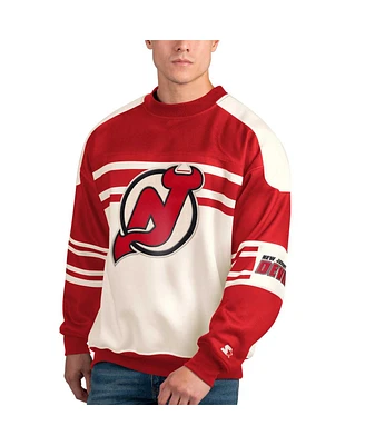 Men's Starter White New Jersey Devils Defense Fleece Crewneck Pullover Sweatshirt