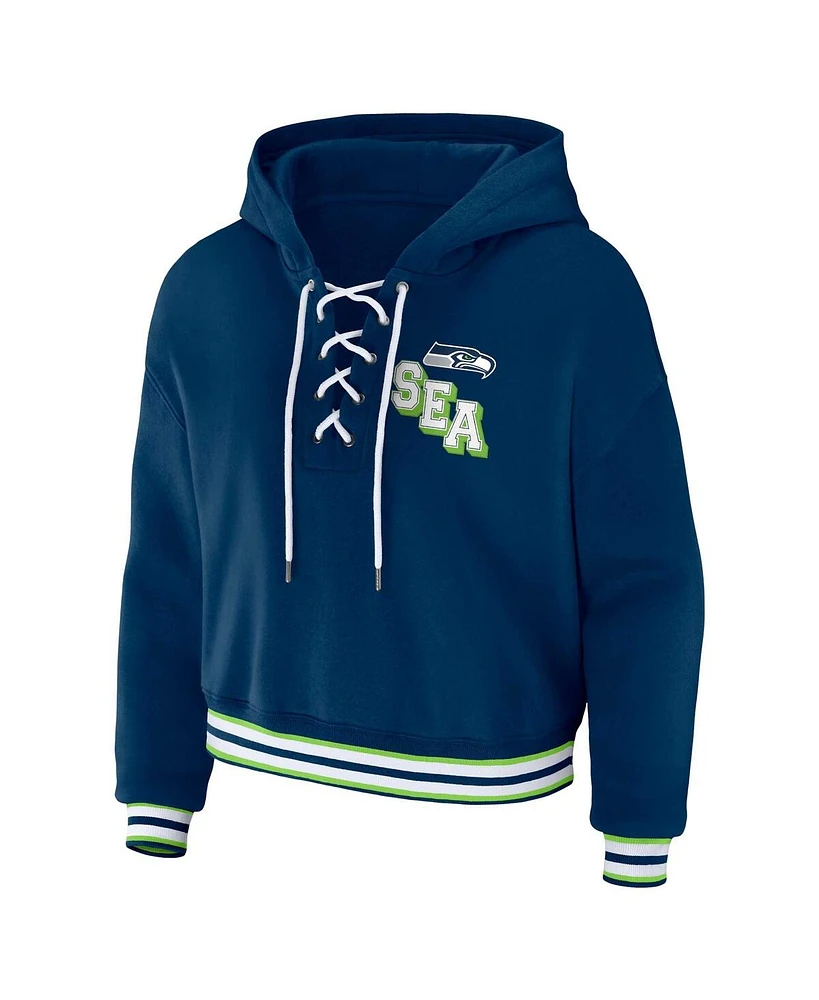 Women's Wear by Erin Andrews Navy Seattle Seahawks Lace-Up Pullover Hoodie