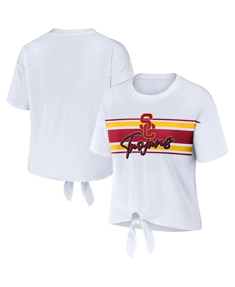 Women's Wear by Erin Andrews White Usc Trojans Striped Front Knot Cropped T-shirt