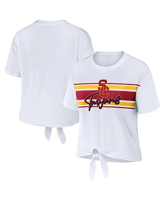 Women's Wear by Erin Andrews White Usc Trojans Striped Front Knot Cropped T-shirt