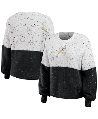 Women's Wear by Erin Andrews White, Black Pittsburgh Steelers Lighweight Modest Crop Color-Block Pullover Sweater