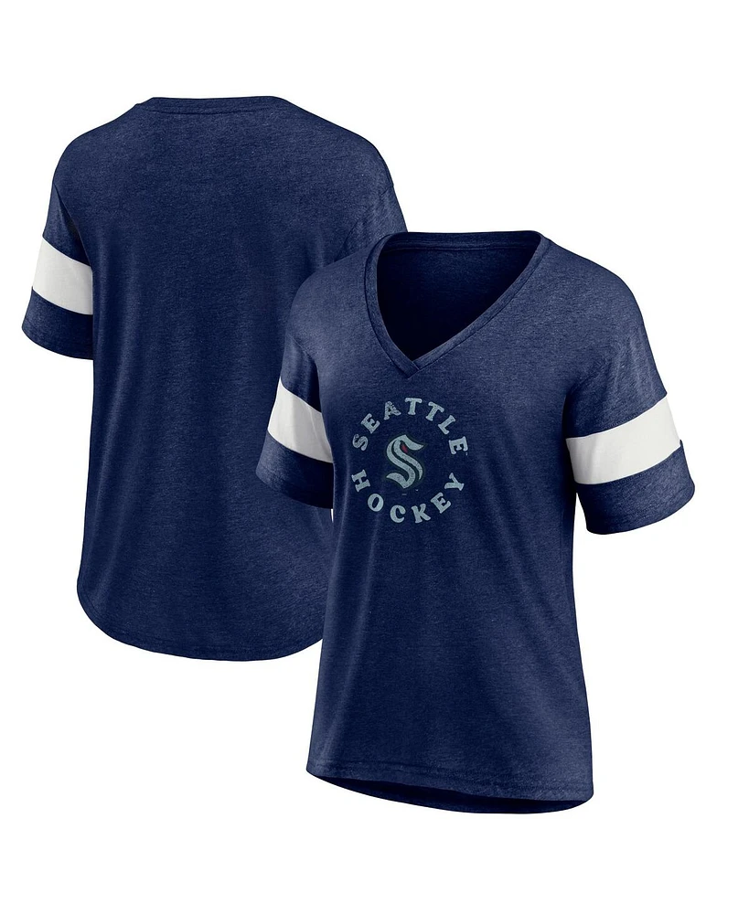 Women's Fanatics Heather Navy Seattle Kraken Special Edition 2.0 Ring The Alarm V-Neck T-shirt