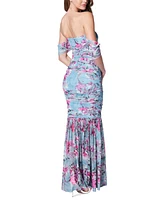 Bebe Women's Floral-Print Ruched Off-The-Shoulder Gown