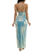 Speechless Juniors' Metallic Ruffled Strappy-Back Gown