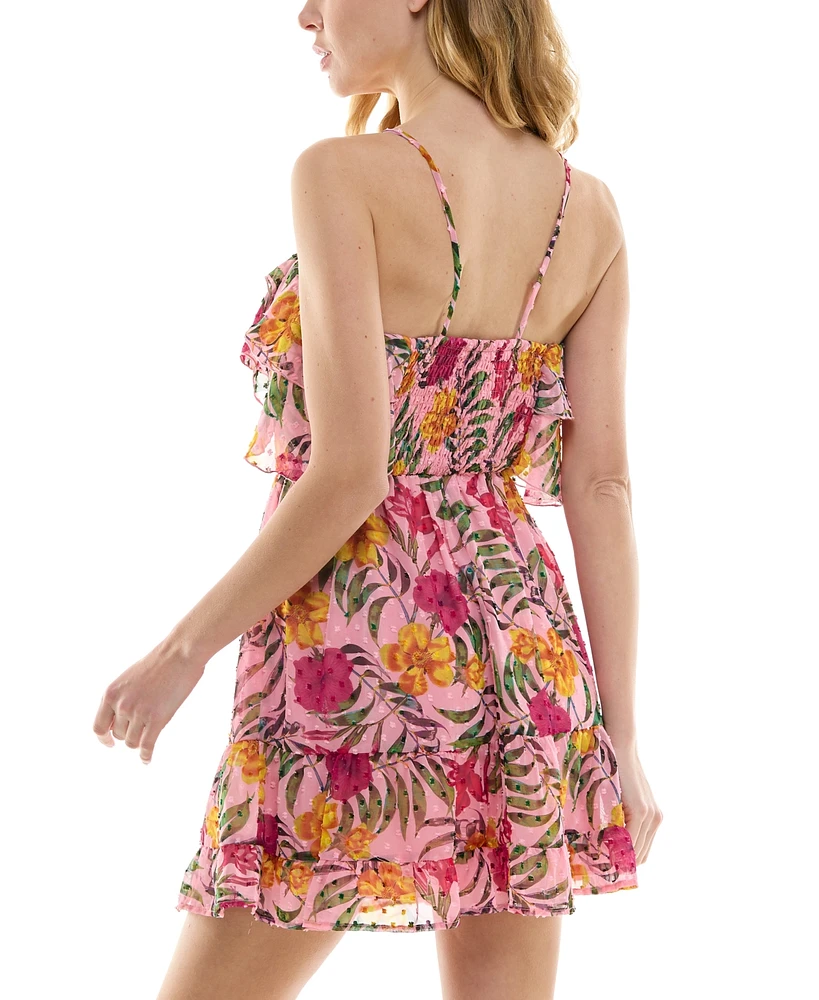 Speechless Juniors' Floral Print Ruffled Sleeveless A-Line Dress