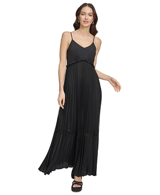 Dkny Women's Solid Tiered Pleated Sleeveless Mesh Maxi Dress