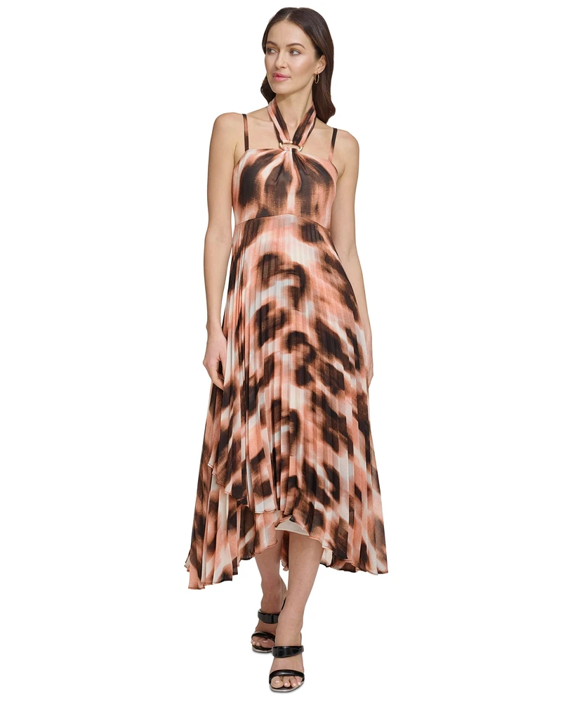 Dkny Women's Printed Pleated Asymmetric-Hem Chiffon Halter Dress