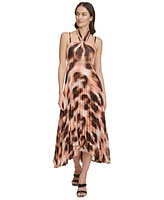 Dkny Women's Printed Pleated Asymmetric-Hem Chiffon Halter Dress