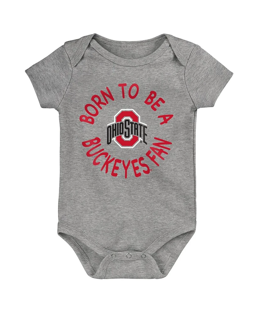 Baby Boys and Girls Scarlet, White, Heather Gray Ohio State Buckeyes 3-Pack Born To Be Bodysuit Set