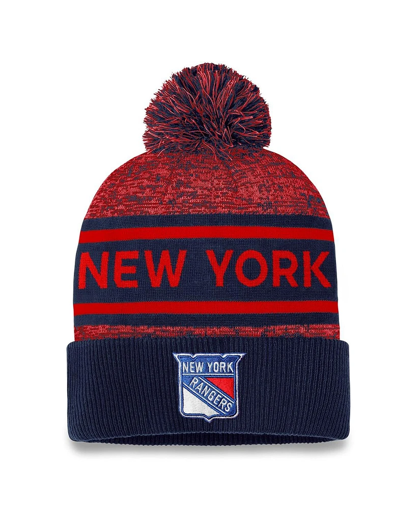 Men's Fanatics Navy, Red New York Rangers Authentic Pro Cuffed Knit Hat with Pom