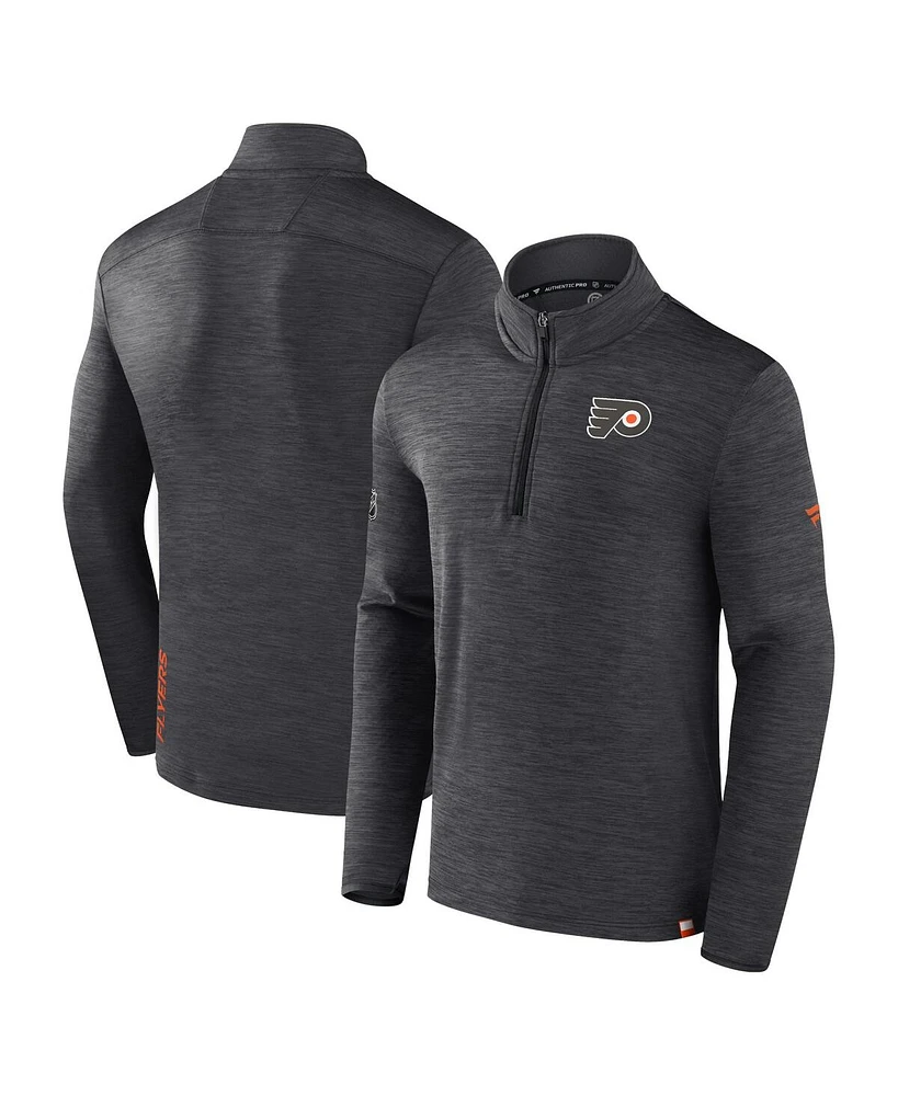 Men's Fanatics Heather Charcoal Philadelphia Flyers Authentic Pro Quarter-Zip Pullover Top