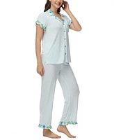 C. Wonder Women's Printed Notch Collar Short Sleeve with Ruffle and Pants 2 Pc. Pajama Set