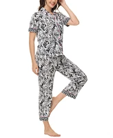 C. Wonder Women's Printed Short Sleeve Notch Collar with Pants 2 Pc. Pajama Set