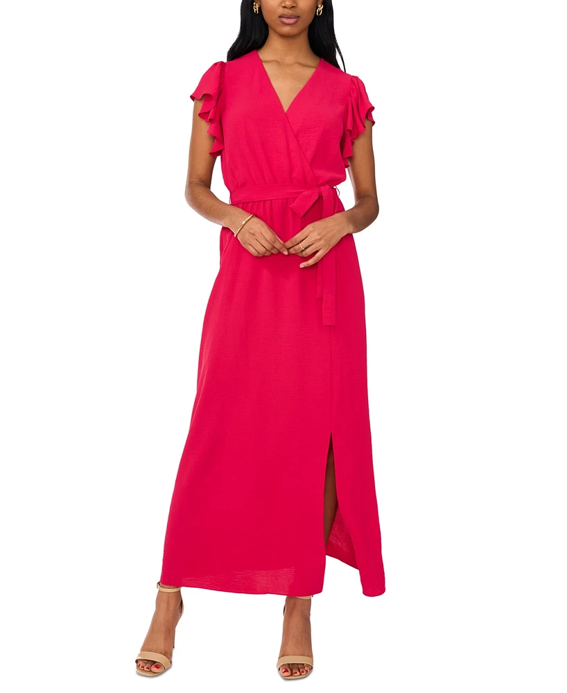 Msk Women's V-Neck Flutter-Sleeve Belted Maxi Dress