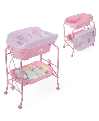 Costway Baby Changing Table with Bathtub, Folding & Portable Diaper Station with Wheels