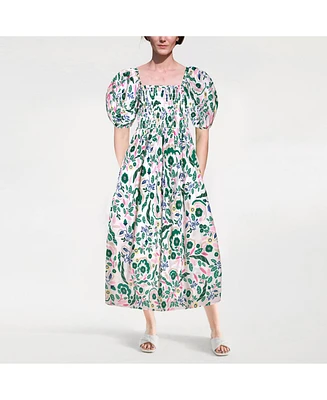 Jessie Zhao New York Emerald Smocked Cotton Silk Dress