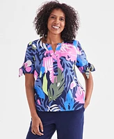 Charter Club Petite 100% Linen Palm Print Top, Created for Macy's