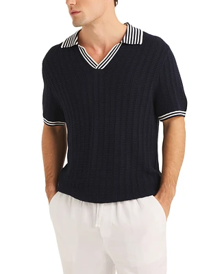 Men's Miami Vice x Nautica Textured Short-Sleeve Striped-Trim Polo Sweater