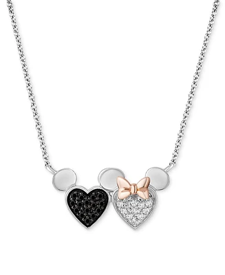 Wonder Fine Jewelry Black Diamond (1/8 ct. t.w.) & White Diamond (1/10 ct. t.w.) Minnie & Mickey Heart Pendant Necklace in Sterling Silver & 14k Rose