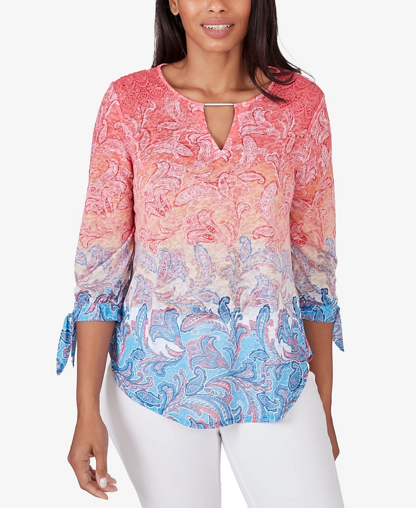 Ruby Rd. Petite Ombre Guava Paisley Printed Knit Top