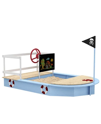 Outsunny Wooden Sandbox with Pirate Ship Design for 3-7 Years, Blue