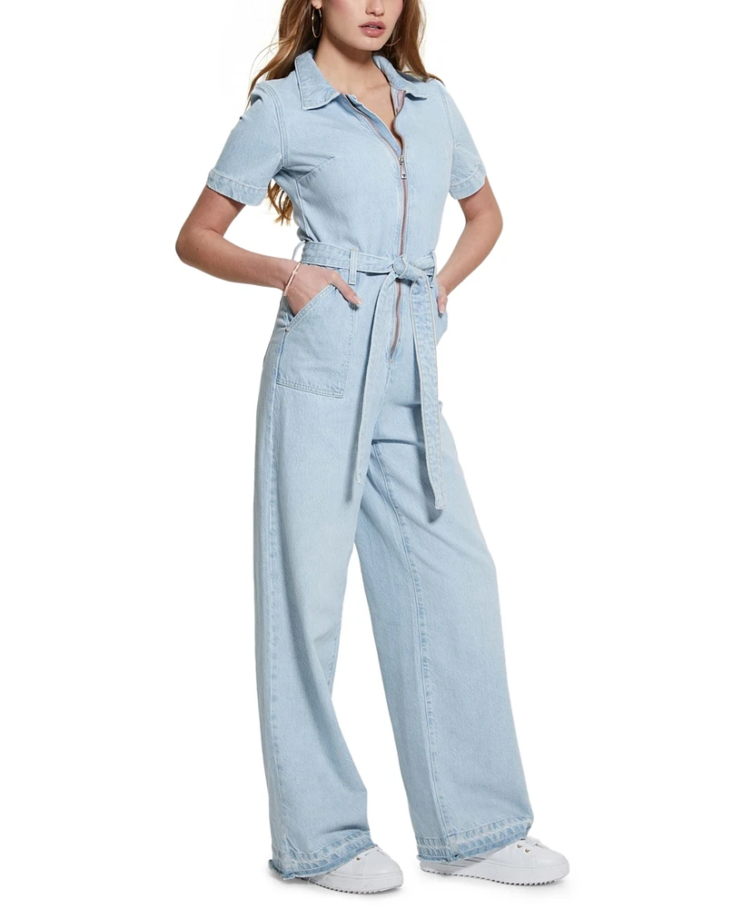 Guess Women's Brenda Tie-Waist Half-Zip Denim Jumpsuit