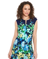 London Times Petite Split-Neck Floral-Print Fit & Flare Dress