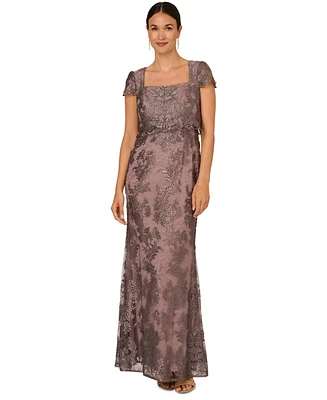 Adrianna Papell Women's Metallic Embroidered Popover Gown