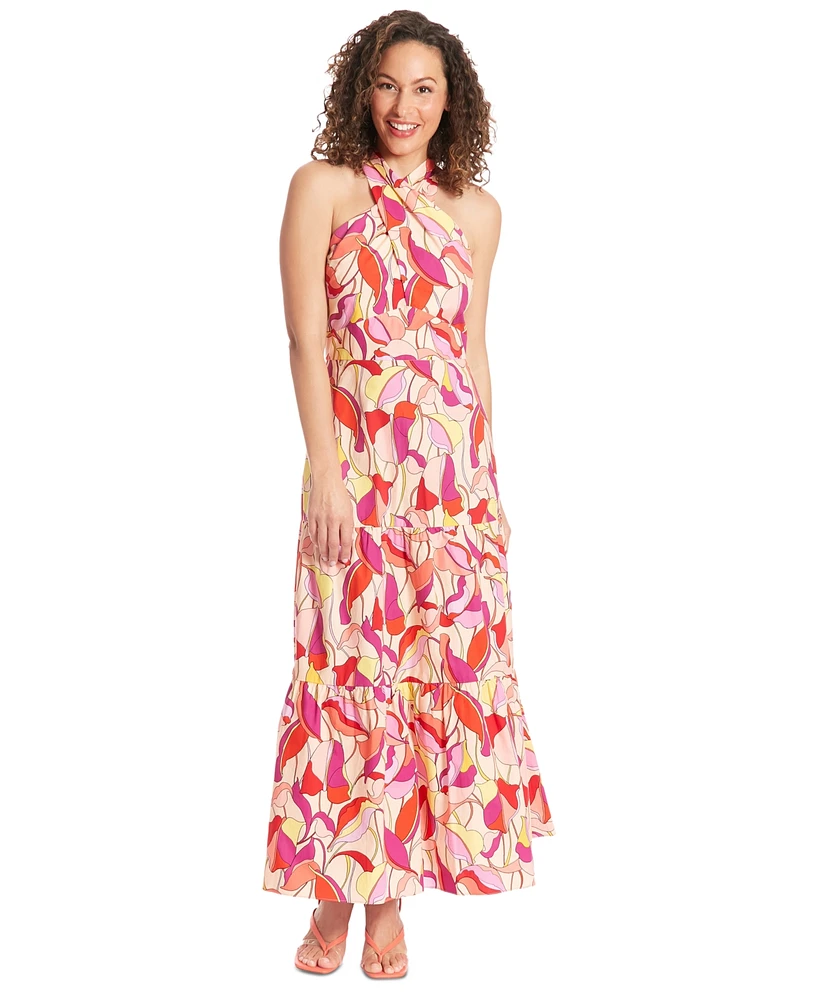 London Times Petite Twist-Front Halter Maxi Dress