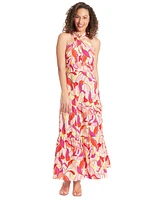 London Times Petite Twist-Front Halter Maxi Dress