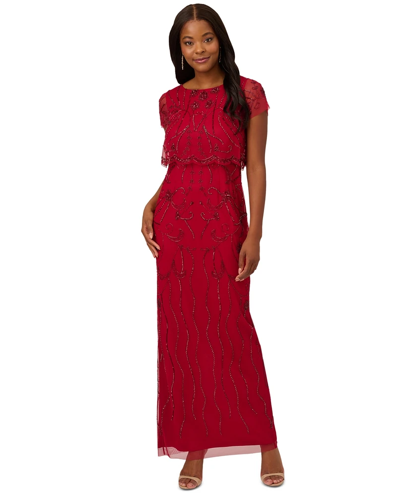 Adrianna Papell Beaded Scalloped-Popover Gown