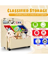 Kids Wooden Toy Storage Unit Organizer with Rolling Toy Box and Plastic Bins-Natural