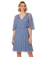 Adrianna Papell Bead Embellished Flutter-Sleeve A-Line Dress