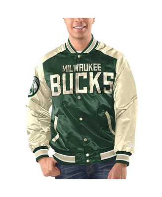 Men's Starter Hunter Green, Cream Milwaukee Bucks Renegade Satin Full-Snap Varsity Jacket